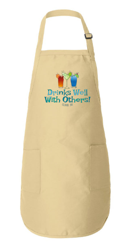 Beige apron with 'Drinks Well With Others' text and graphics on a white background