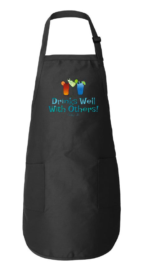 Black apron with colorful text and graphics on a white background