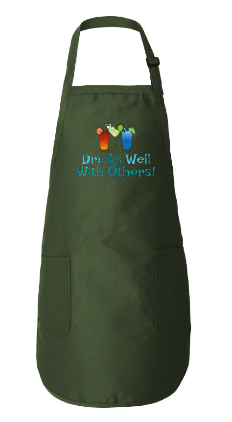 Green apron with colorful text and graphics on a white background