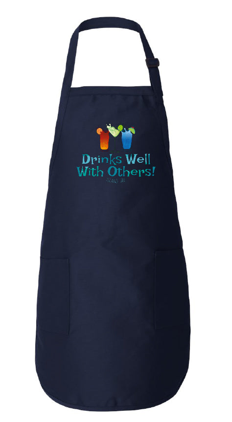 Navy apron with drinks well with others design