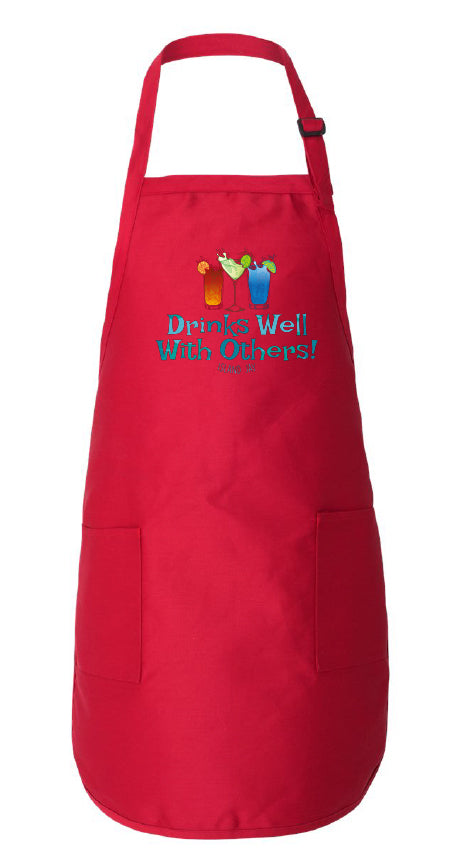 Red apron with 'Drinks Well With Others!' text and drink graphics on a white background