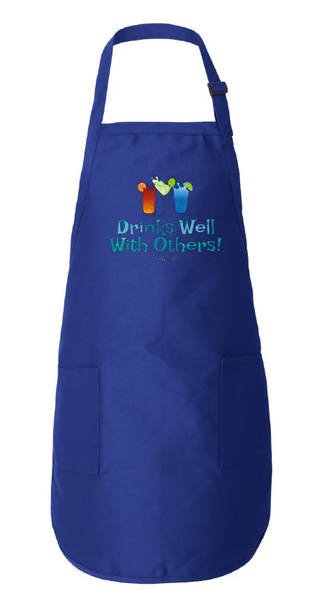 Blue apron with colorful text and graphics on a white background