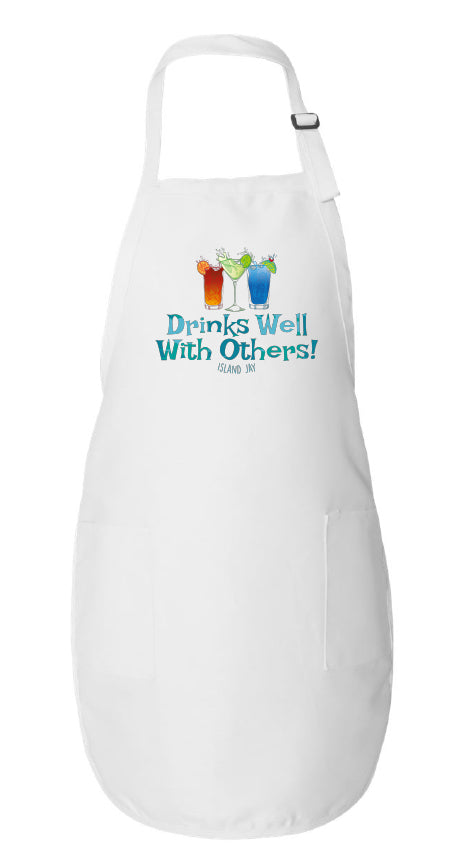White apron with colorful text and graphics on a white background