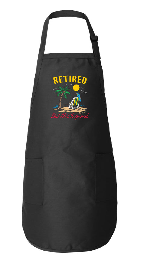 Black apron with retired but not expired design on it