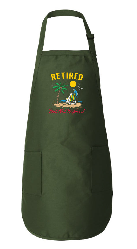 green apron with retired but not expired design on it