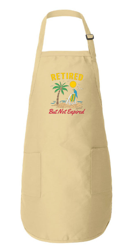 Natural apron with retired but not expired design on it