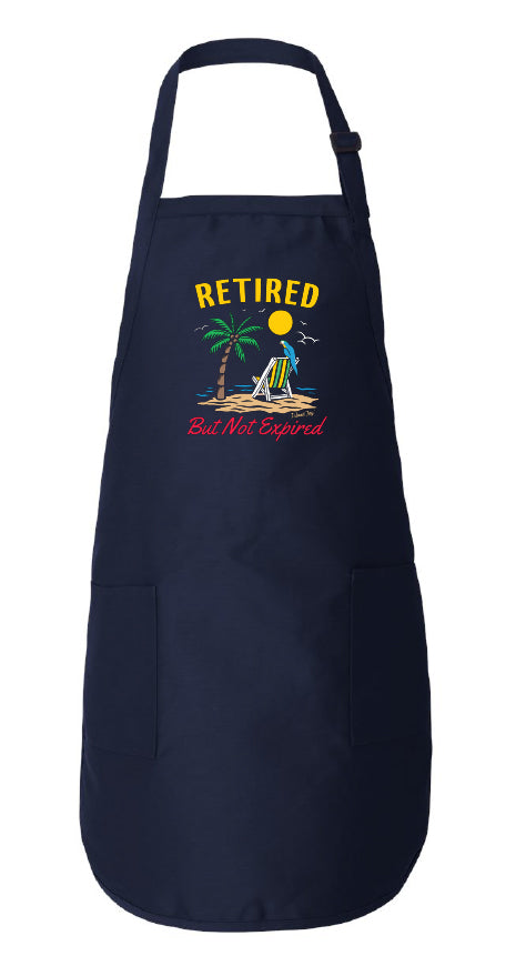 Navy apron with retired but not expired design on it