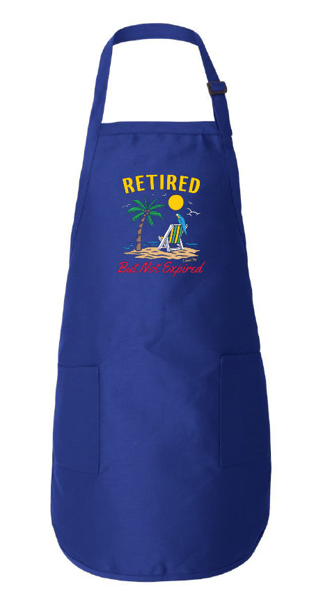 Royal blue apron with retired but not expired design on it