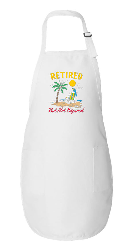 White apron with retired but not expired design on it