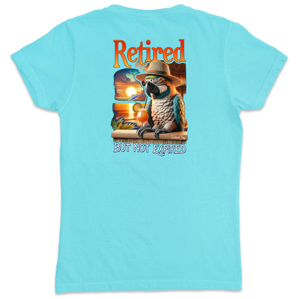 Light blue t-shirt with a graphic of a parrot and sunset, featuring the text 'Retired but not expired'.