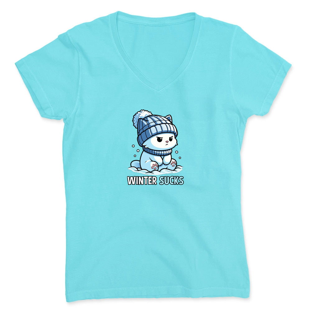 Light blue t-shirt with a cartoon polar bear wearing a winter hat and scarf, and the text 'Winter Sucks'.