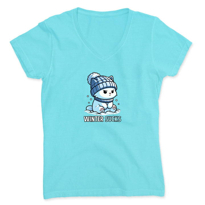 Light blue t-shirt with a cartoon polar bear wearing a winter hat and scarf, and the text 'Winter Sucks'.