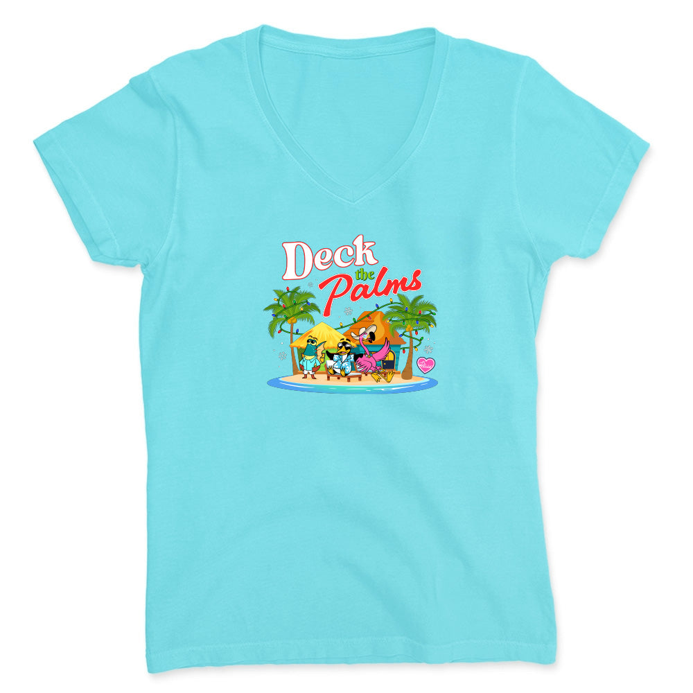 Light blue t-shirt with 'Deck of Palms' graphic design on a white background