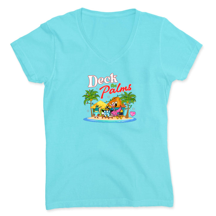 Light blue t-shirt with 'Deck of Palms' graphic design on a white background