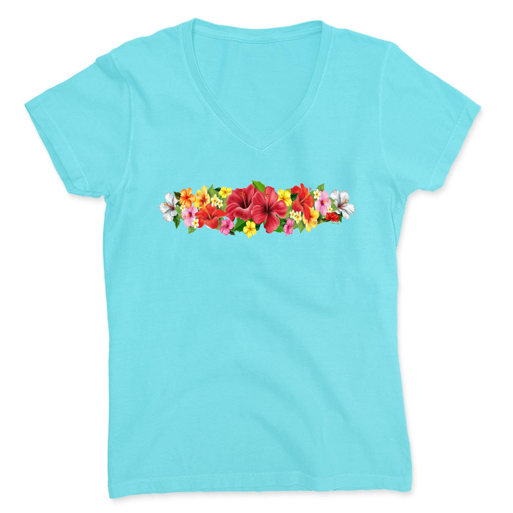 Light blue t-shirt with colorful floral design on a white background