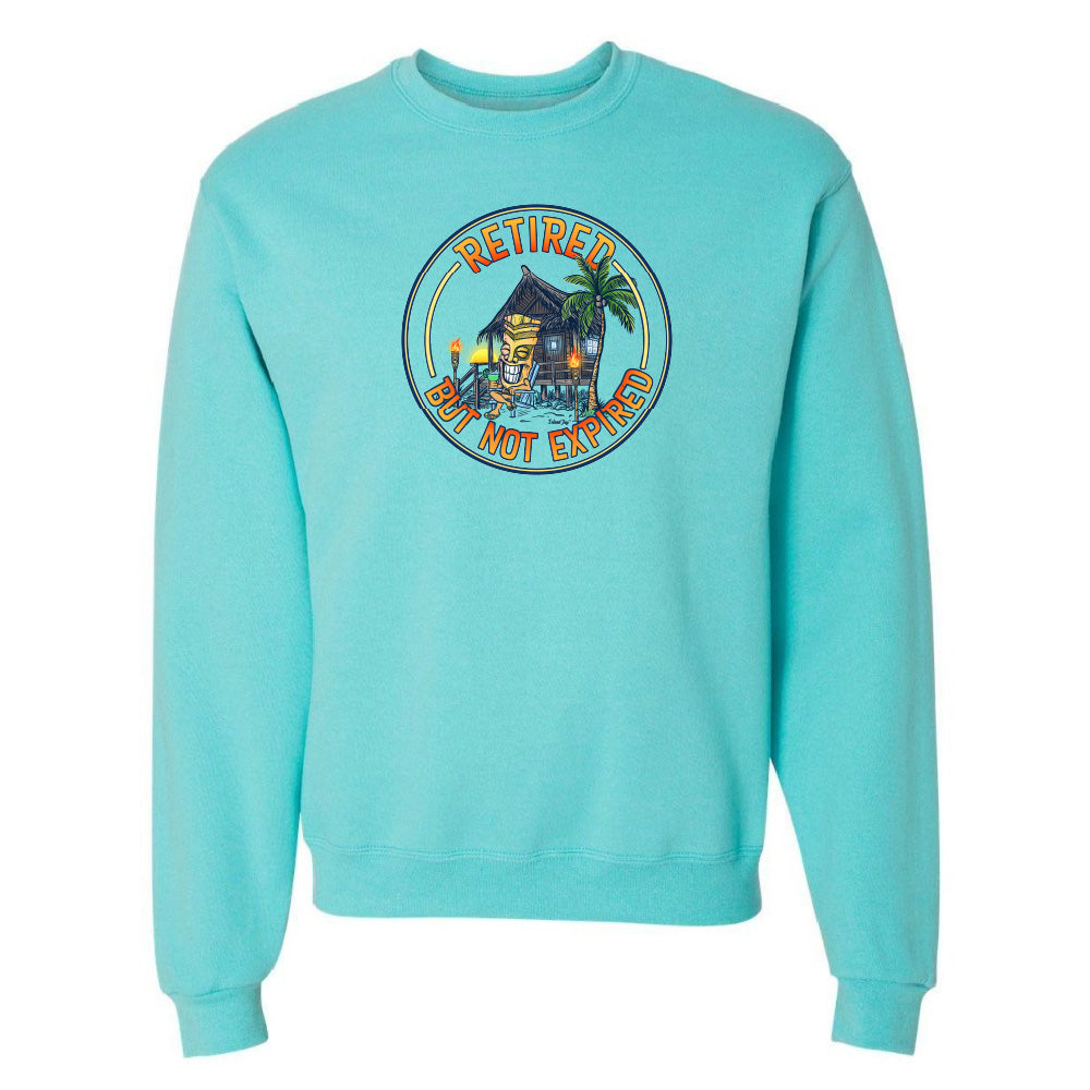 Turquoise sweatshirt with a graphic design on a white background