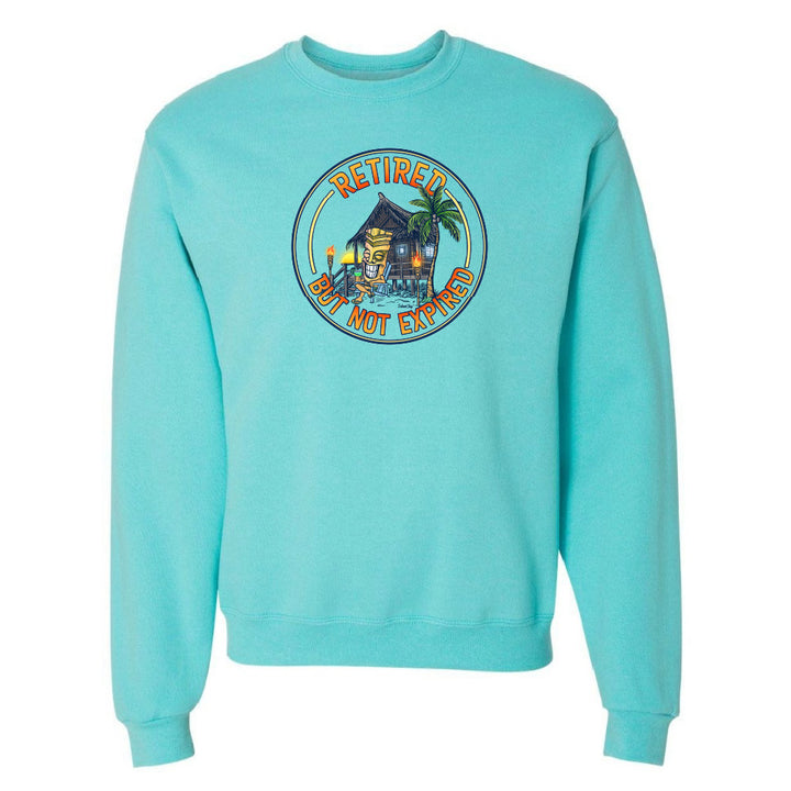 Turquoise sweatshirt with a graphic design on a white background