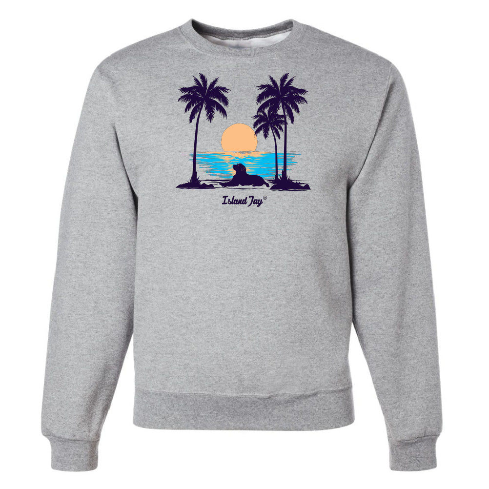 Gray sweatshirt with a beach graphic featuring palm trees and a sunset, branded 'Island Jay'.
