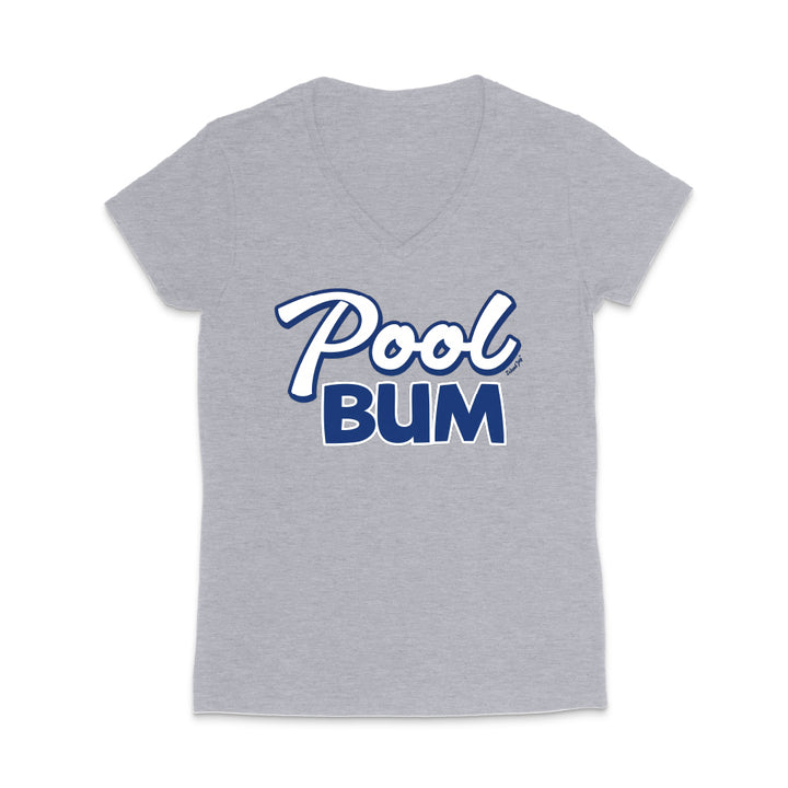 Gray t-shirt with 'Pool Bum' text on a white background