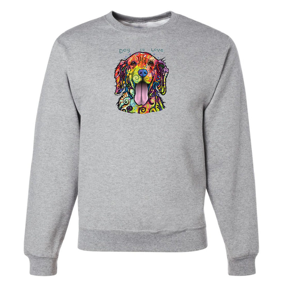 Gray sweatshirt with a colorful dog graphic and 'Dog Love' text on a white background