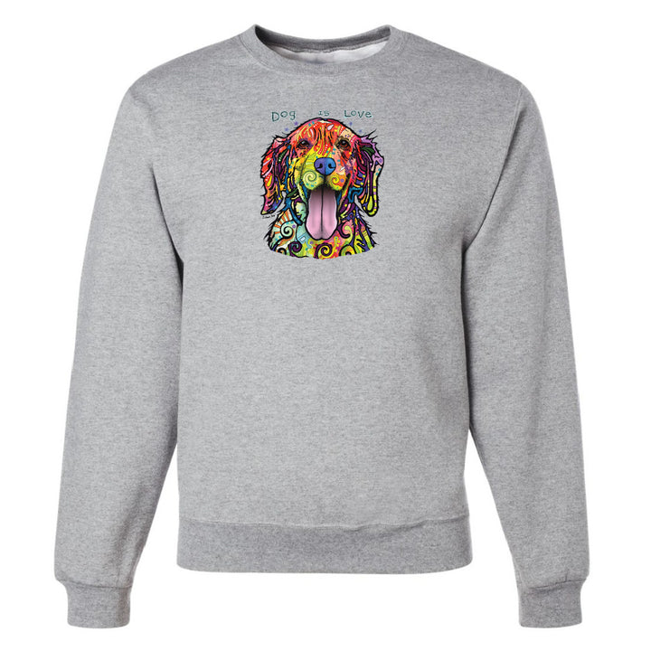 Gray sweatshirt with a colorful dog graphic and 'Dog Love' text on a white background