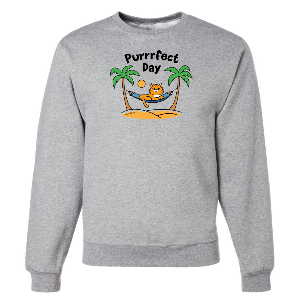 Gray sweatshirt with a 'Purrfect Day' graphic featuring a cat, palm trees, and a beach ball on a white background.