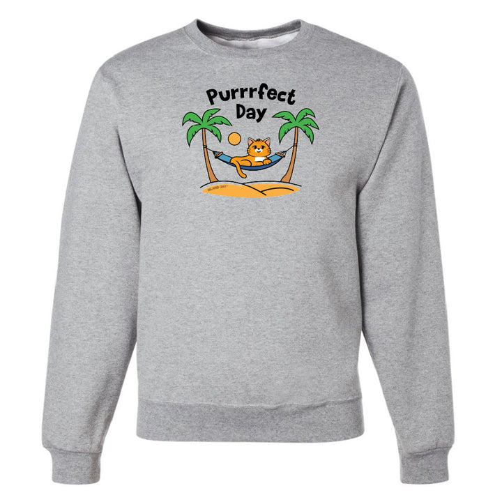 Gray sweatshirt with a 'Purrfect Day' graphic featuring a cat, palm trees, and a beach ball on a white background.