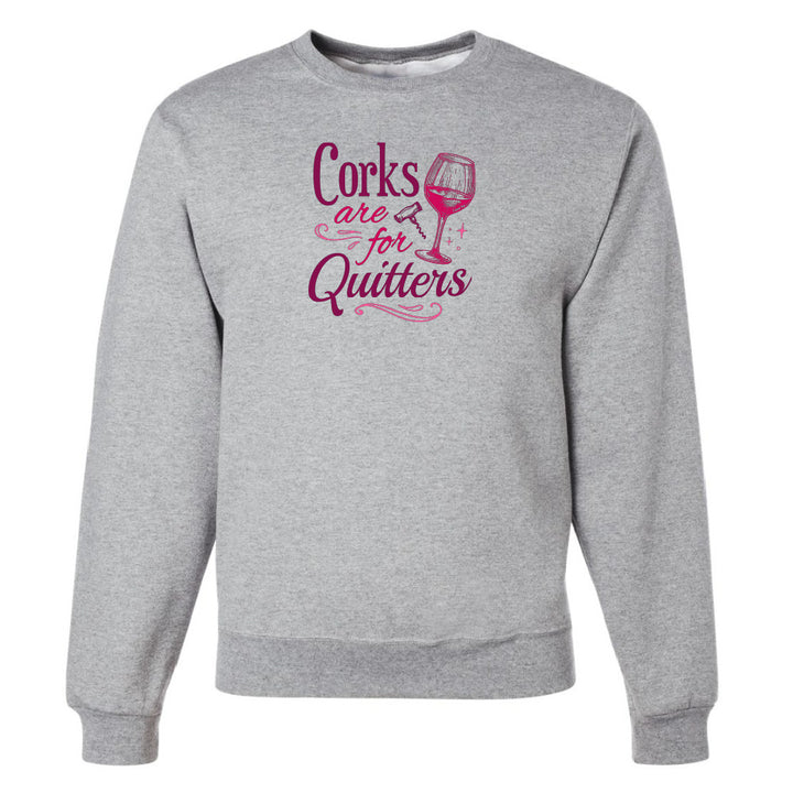 Gray sweatshirt with pink text and wine graphic on a white background