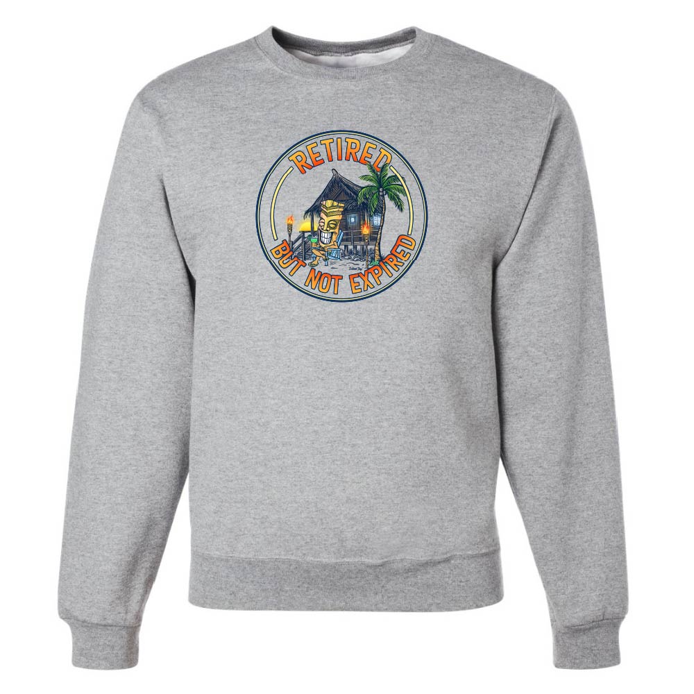 Gray sweatshirt with a colorful graphic and text on a white background