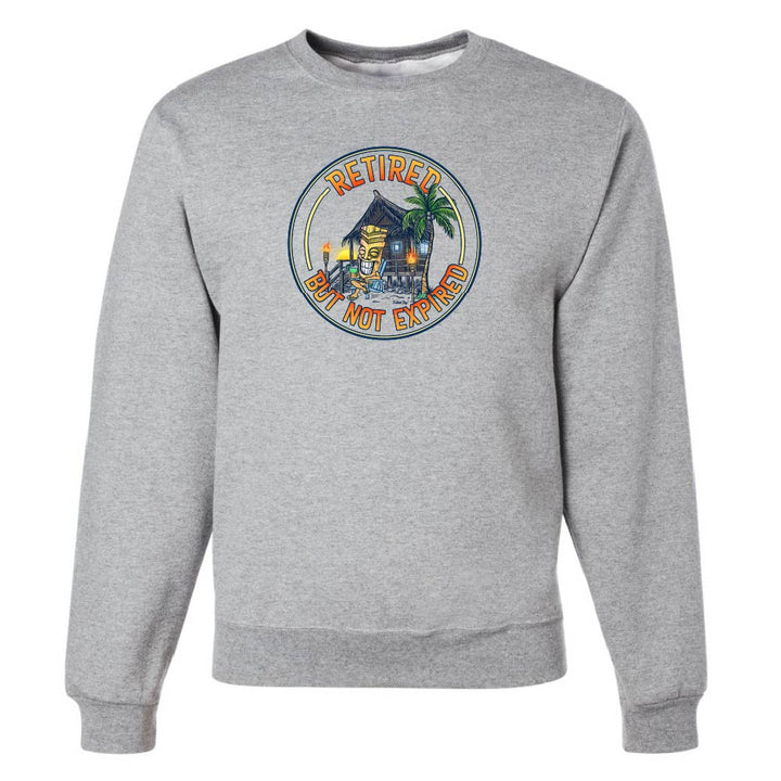 Gray sweatshirt with a colorful graphic and text on a white background