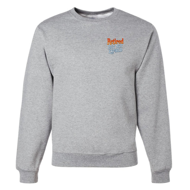 Gray sweatshirt with colorful text on a white background