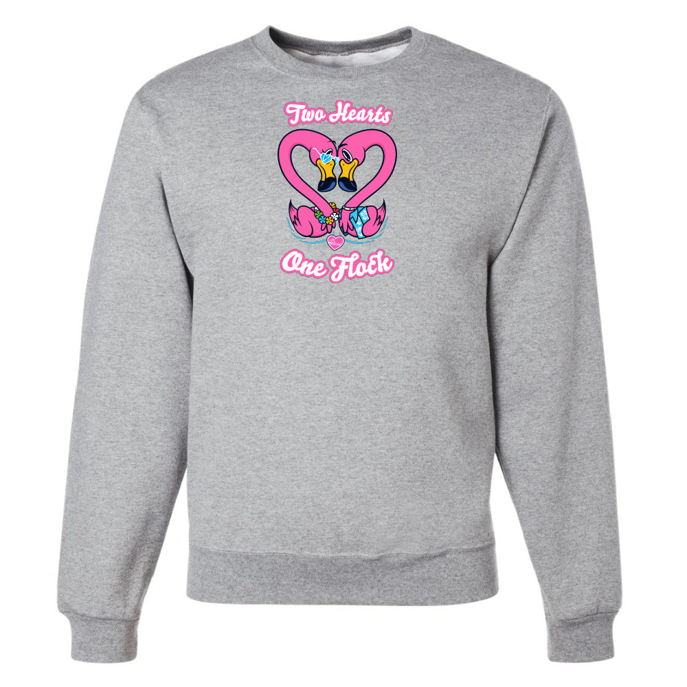Gray sweatshirt with a colorful graphic design on a white background