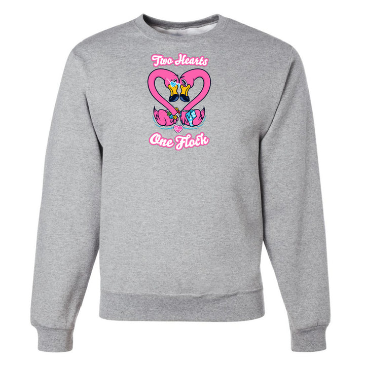 Gray sweatshirt with a colorful graphic design on a white background