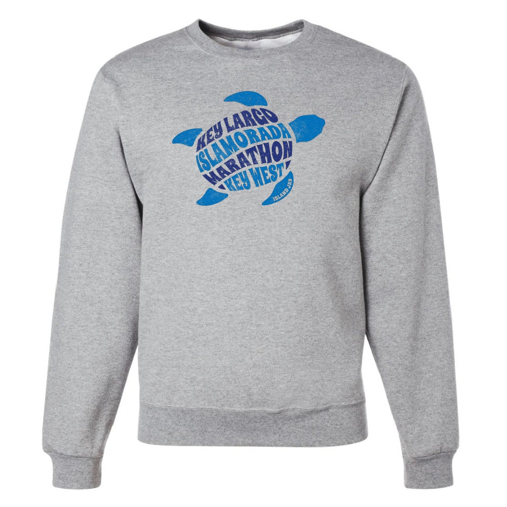 Gray sweatshirt with blue turtle design and text on a white background