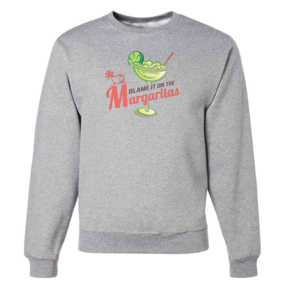 Gray sweatshirt with a graphic design of a margarita glass and text on a white background