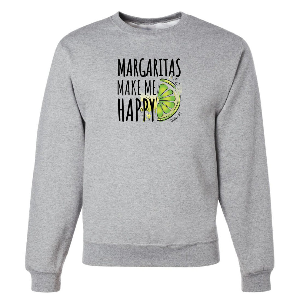 Gray sweatshirt with 'Margaritas Make Me Happy' text and lime graphic on a white background