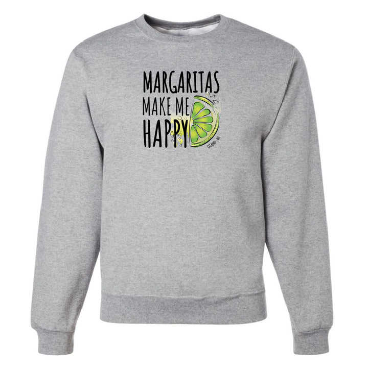 Gray sweatshirt with 'Margaritas Make Me Happy' text and lime graphic on a white background