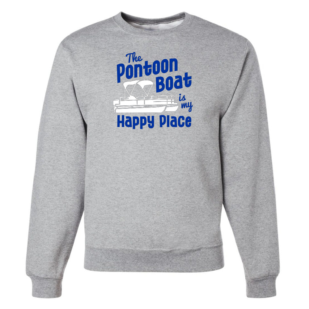 Gray sweatshirt with blue text and a boat graphic on a white background