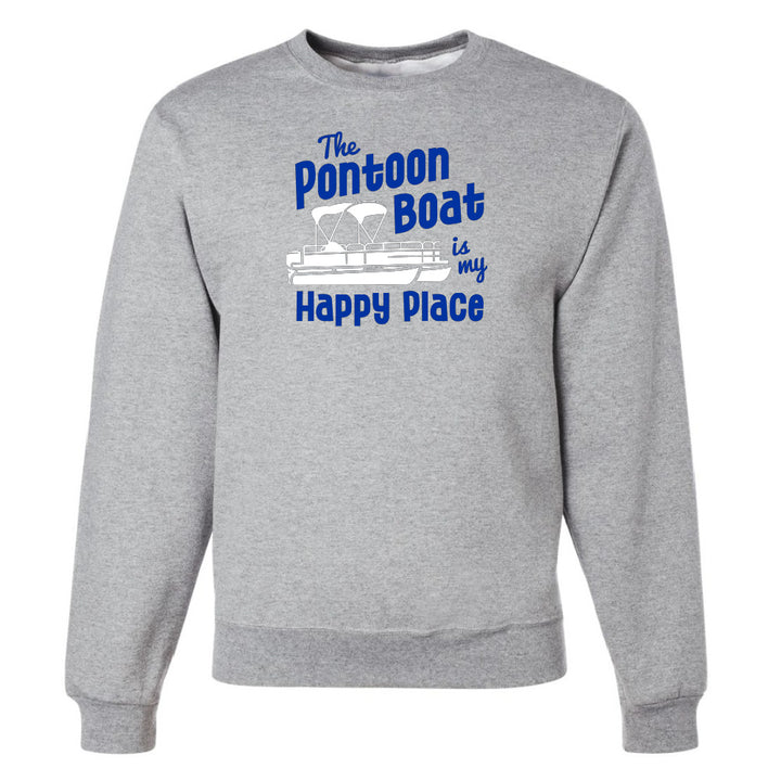 Gray sweatshirt with blue text and a boat graphic on a white background