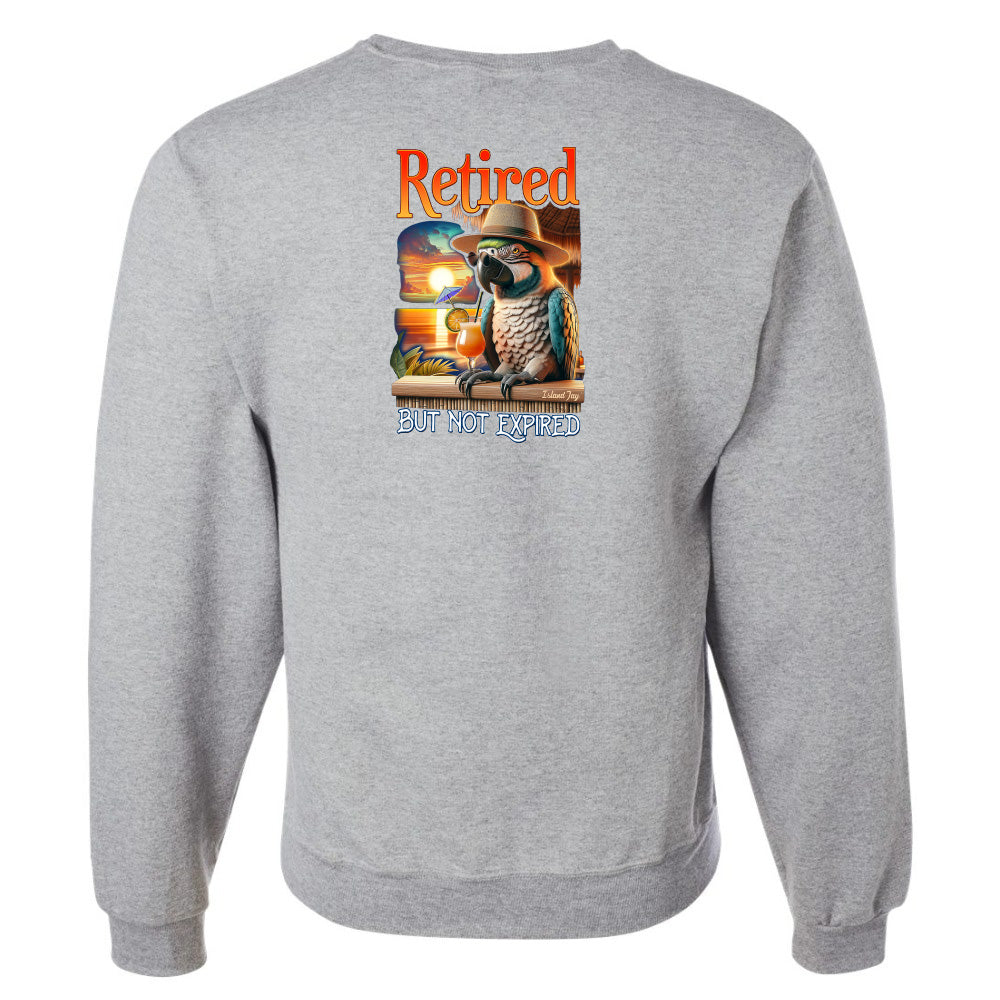 Gray sweatshirt with a parrot wearing a cowboy hat and 'Retired But Not Expired' text on the back.