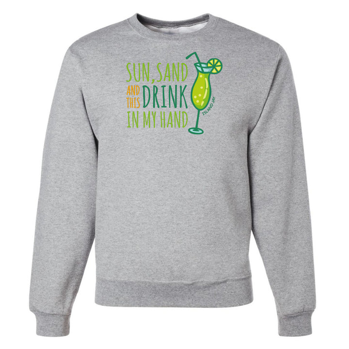 Gray sweatshirt with a graphic design featuring text and a drink icon on a white background