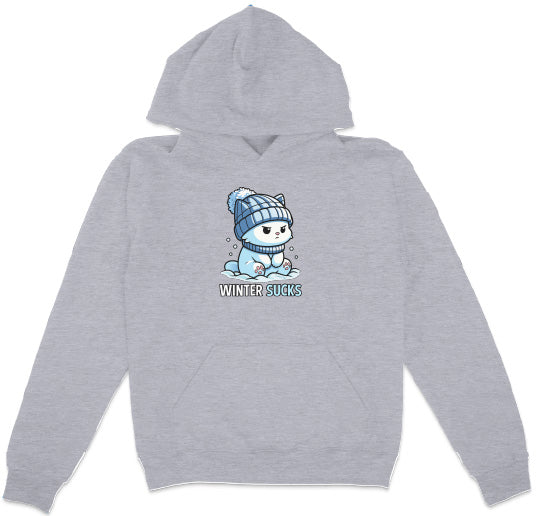 Gray hoodie with a cartoon character and 'Winter Sucks' text on a white background