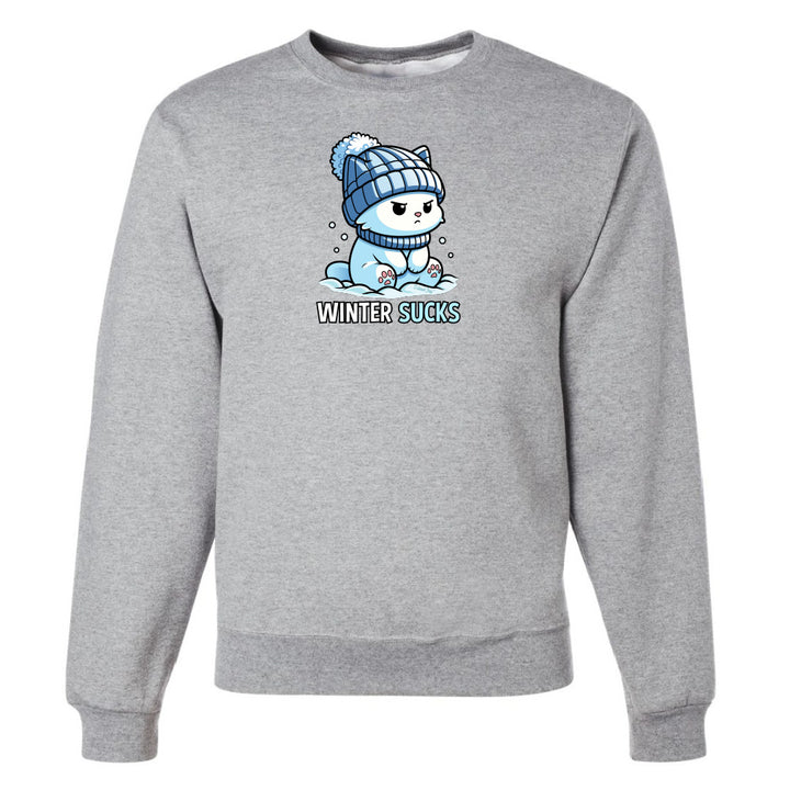 Gray sweatshirt with a cartoon character wearing a blue winter hat and scarf, and the text 'Winter Sucks' on a white background.