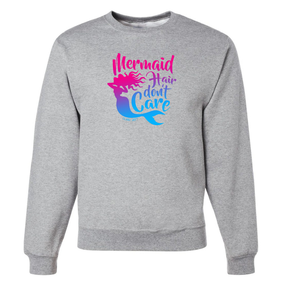 Gray sweatshirt with 'Mermaid Hair Don't Care' text and mermaid graphic on a white background