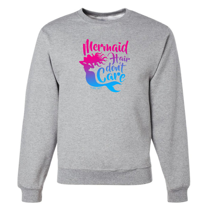 Gray sweatshirt with 'Mermaid Hair Don't Care' text and mermaid graphic on a white background
