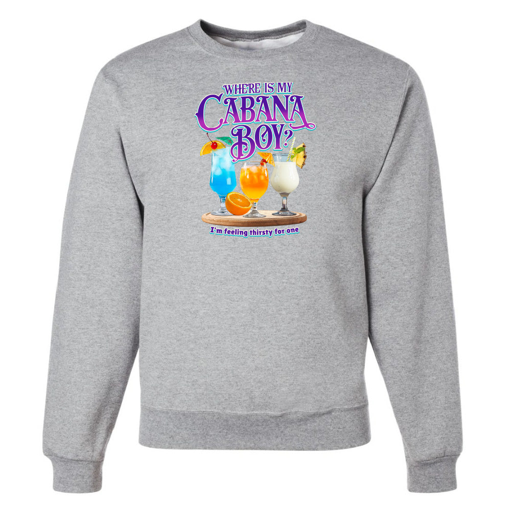 Gray sweatshirt with colorful drink graphic and text on a white background
