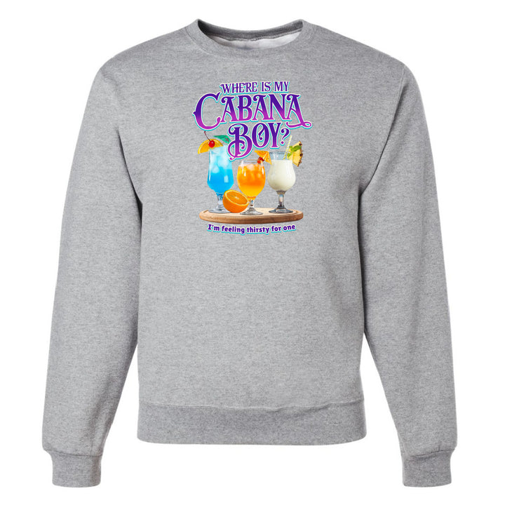 Gray sweatshirt with colorful drink graphic and text on a white background