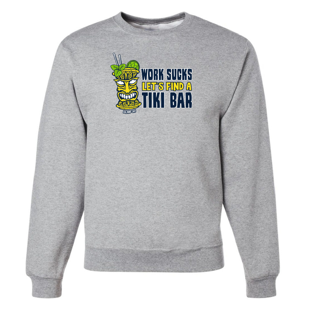 Gray sweatshirt with a tiki bar graphic and text on a white background