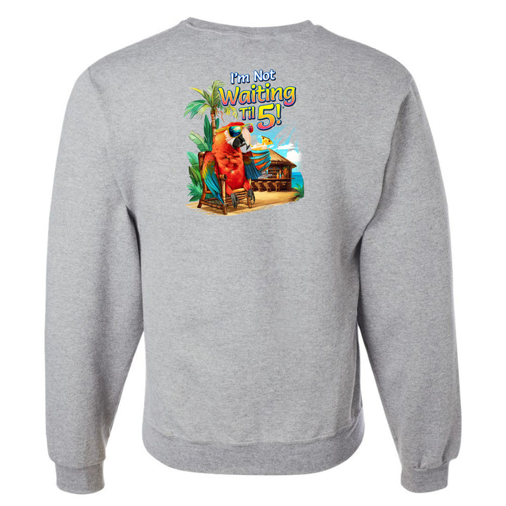 Gray sweatshirt with a colorful graphic of a parrot and text on the back, on a white background.