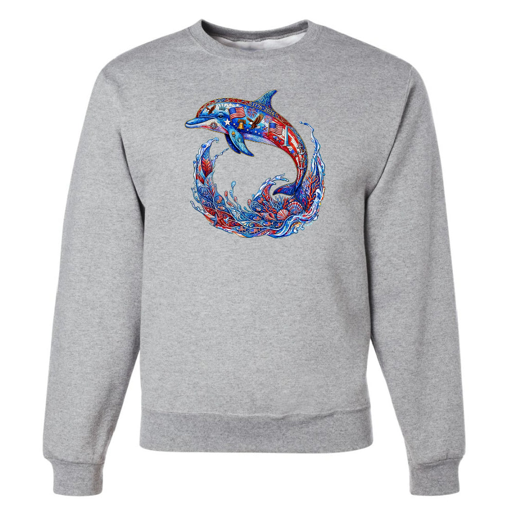Gray sweatshirt with a colorful dolphin design on a white background